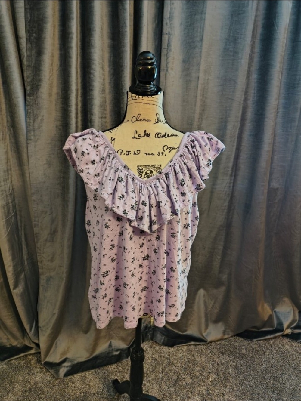 LOFT Lavender Floral Ruffle Neck Blouse